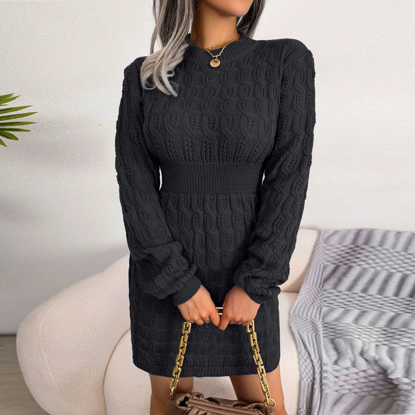 Sweater Dresses- Cable Knit Winter Sweater Dress