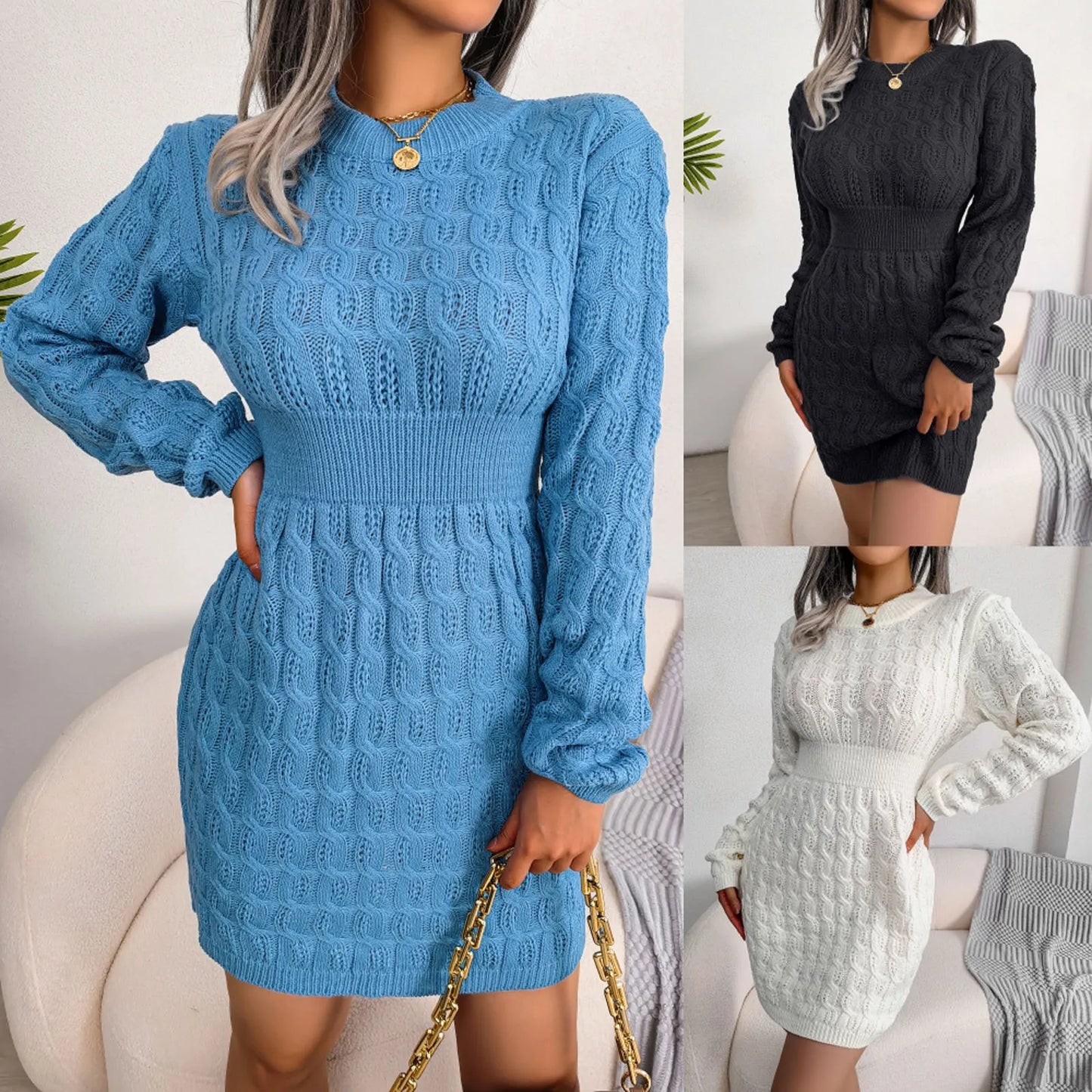 Sweater Dresses- Cable Knit Winter Sweater Dress