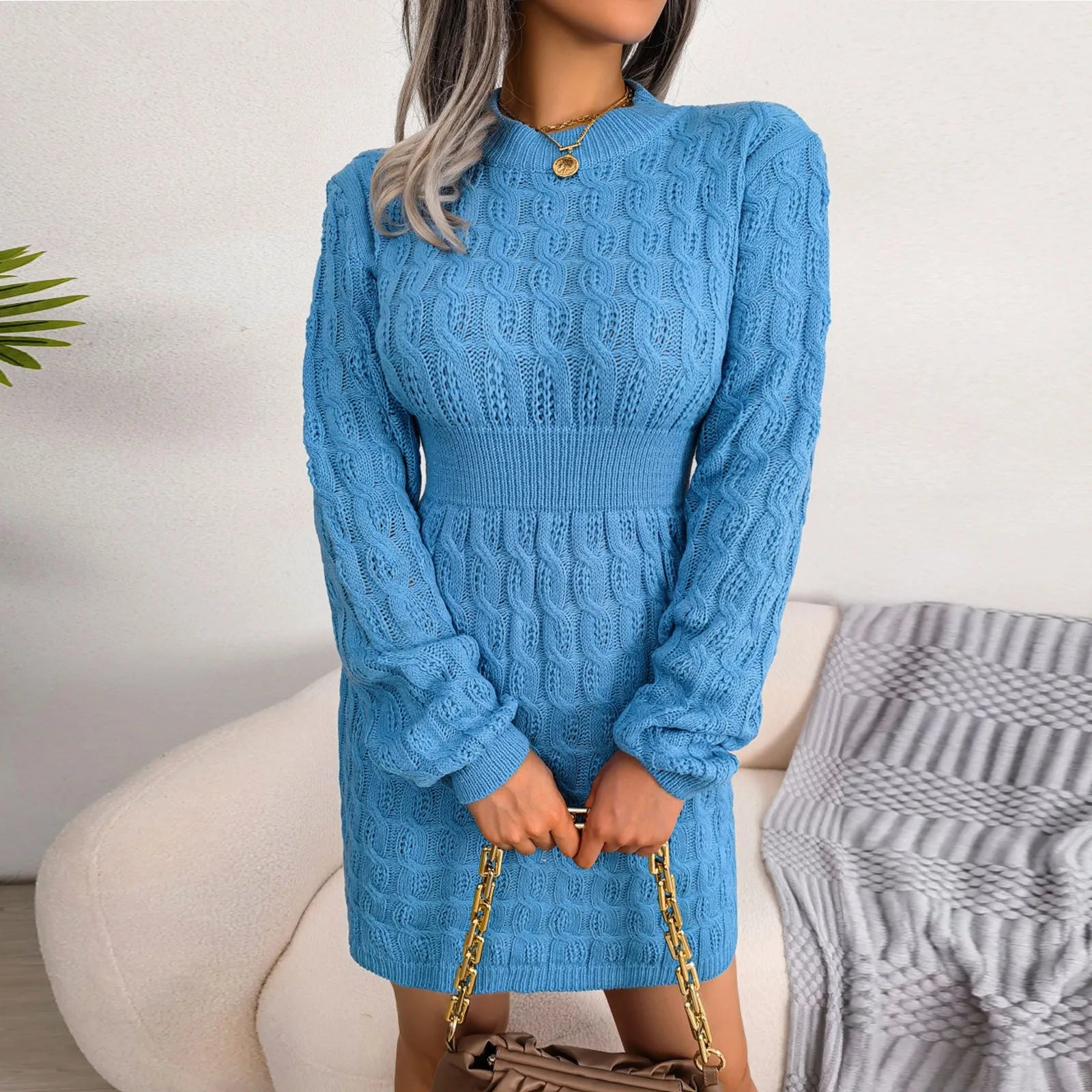 Sweater Dresses- Cable Knit Winter Sweater Dress