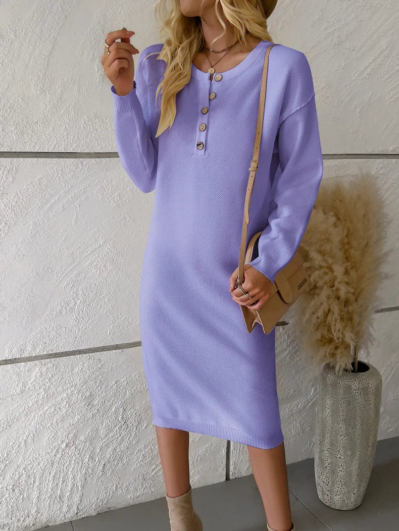 Sweater Dresses- Classic Comfy Button-Detailed Knit Midi Sweater Dress- PURPLE- Chuzko Women Clothing