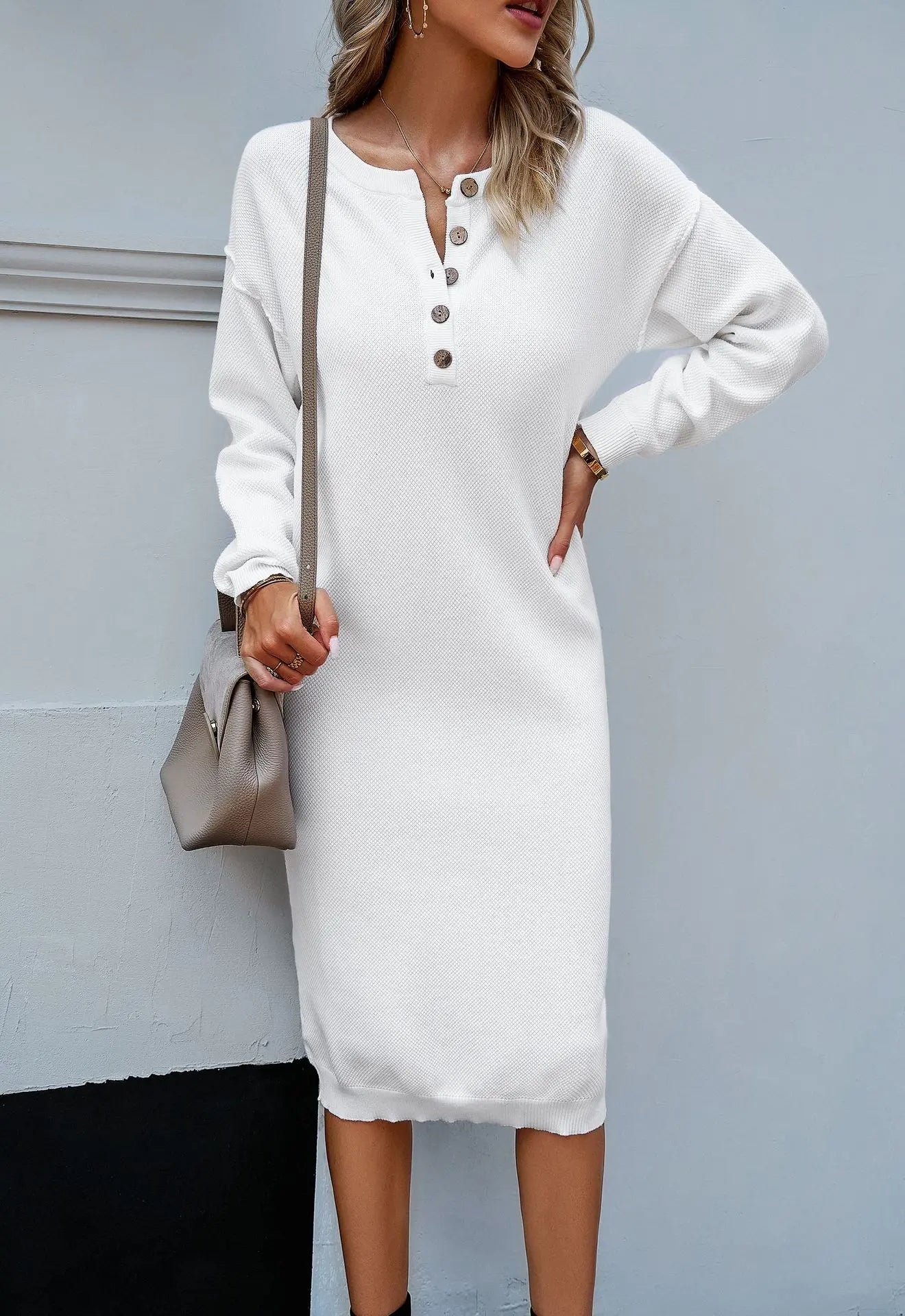 Sweater Dresses- Classic Comfy Button-Detailed Knit Midi Sweater Dress- WHITE- Chuzko Women Clothing