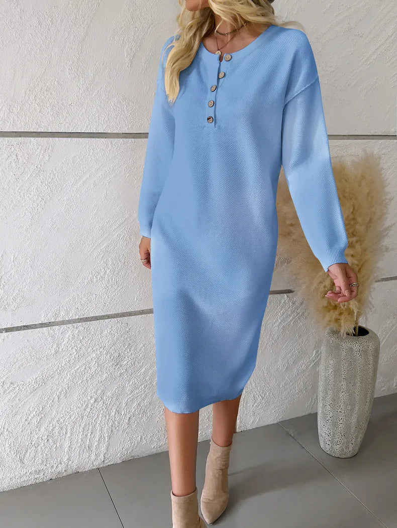 Sweater Dresses- Classic Comfy Button-Detailed Knit Midi Sweater Dress- Blue- Chuzko Women Clothing