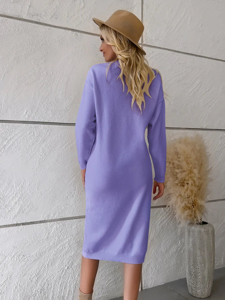 Sweater Dresses- Classic Comfy Button-Detailed Knit Midi Sweater Dress- - Chuzko Women Clothing