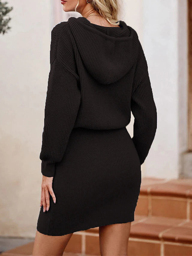 Sweater Dresses- Hooded Hug: Ribbed Knit Bodycon Blouson Sweater Dress- - Pekosa Women Clothing