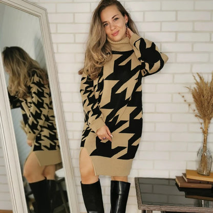 Sweater Dresses- Houndstooth Turtleneck Midi Longline Sweater Dress