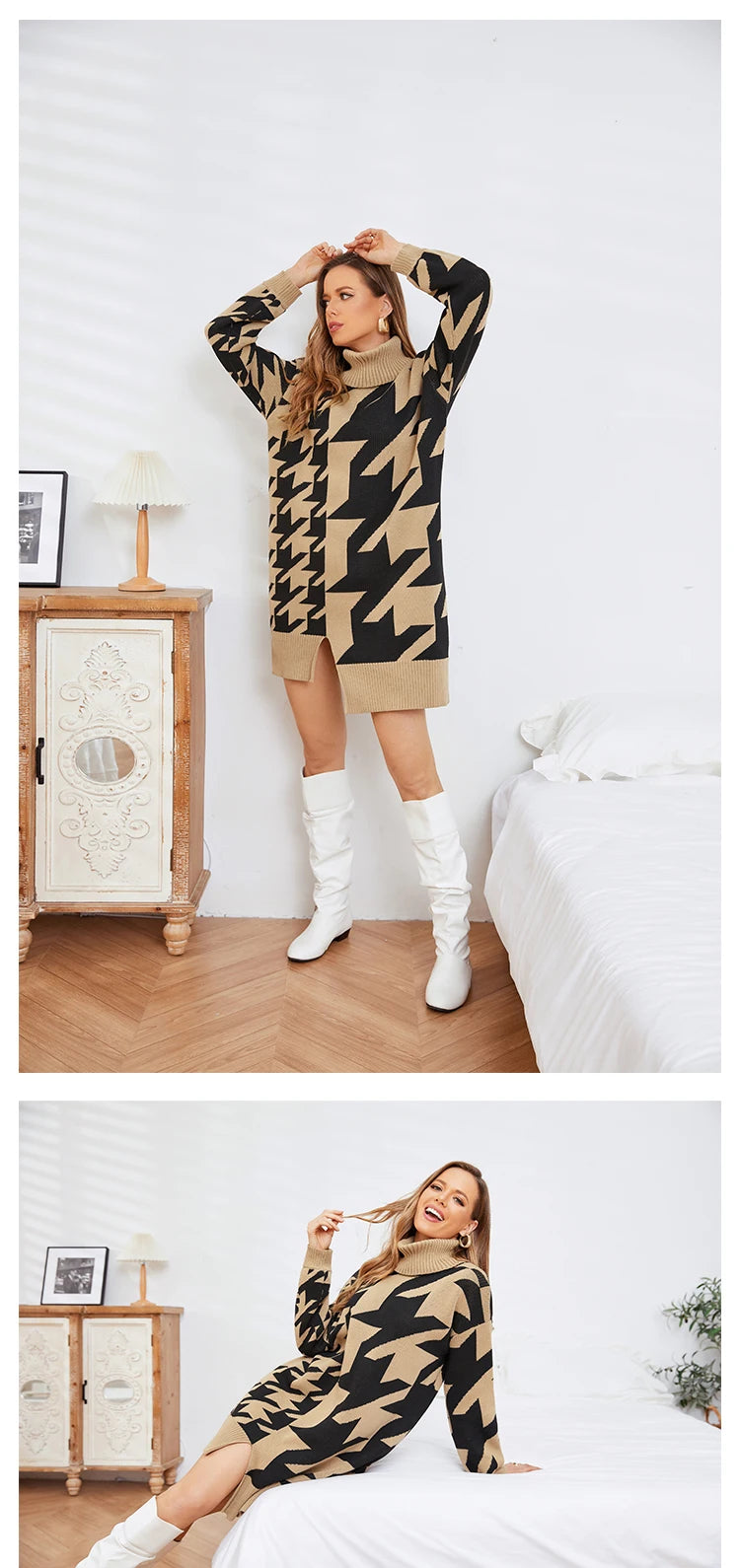 Sweater Dresses- Houndstooth Turtleneck Midi Longline Sweater Dress