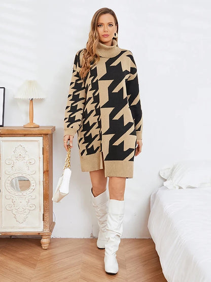 Sweater Dresses- Houndstooth Turtleneck Midi Longline Sweater Dress