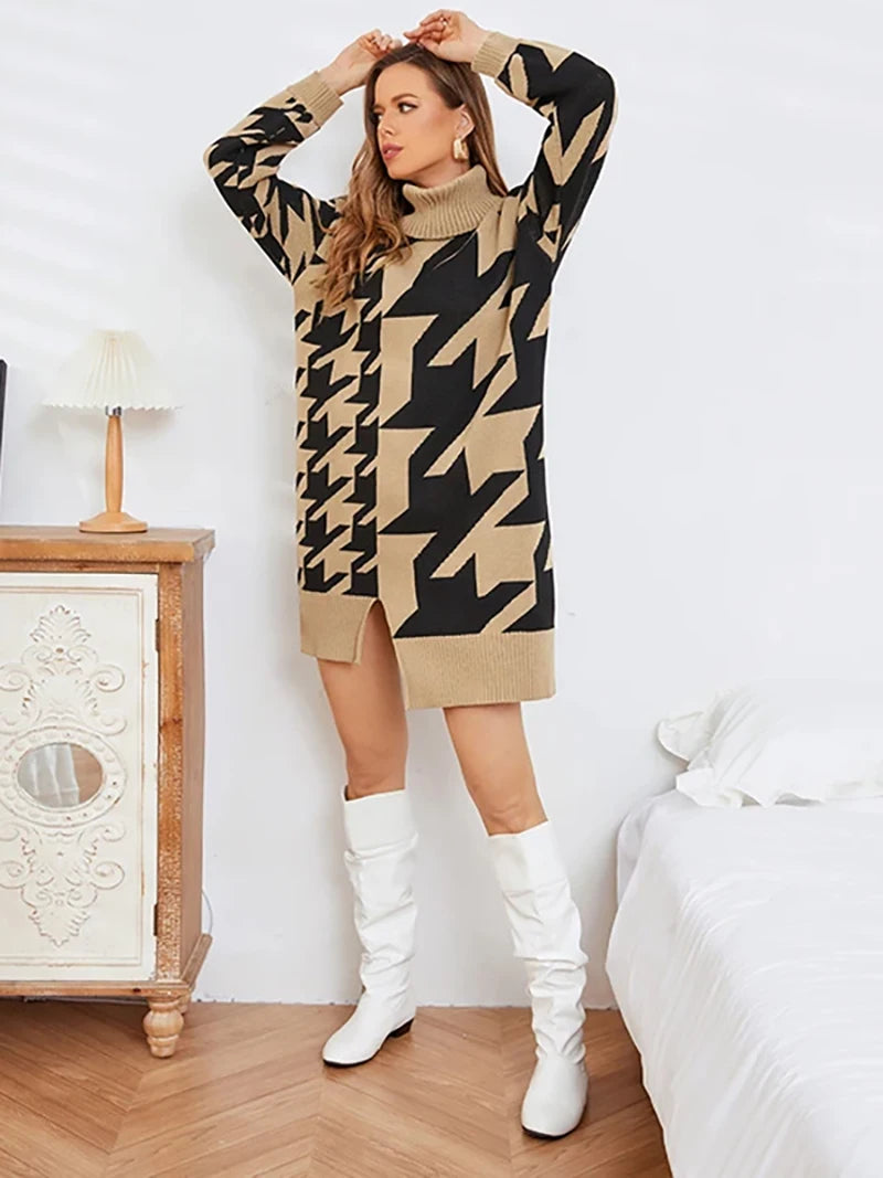 Sweater Dresses- Houndstooth Turtleneck Midi Longline Sweater Dress