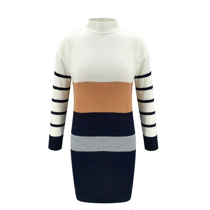 Sweater Dresses - Striped Knit Dress Color-Block Turtleneck Knitwear