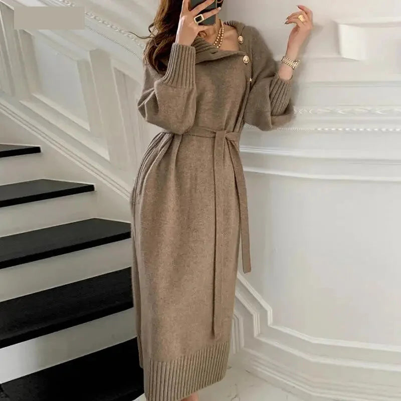 Sweater Dresses- Turtleneck Belted Midi Sweater Dress for Winter