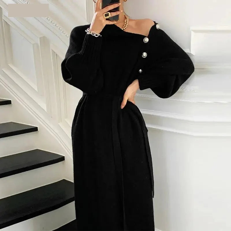 Sweater Dresses- Turtleneck Belted Midi Sweater Dress for Winter