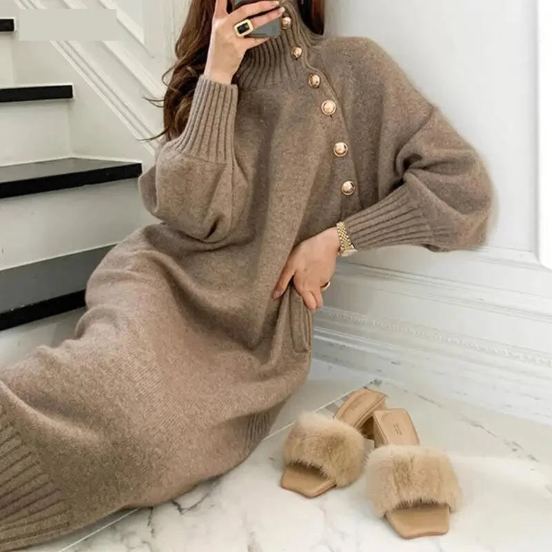 Sweater Dresses- Turtleneck Belted Midi Sweater Dress for Winter