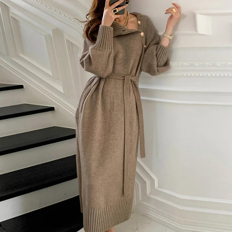 Sweater Dresses- Turtleneck Belted Midi Sweater Dress for Winter