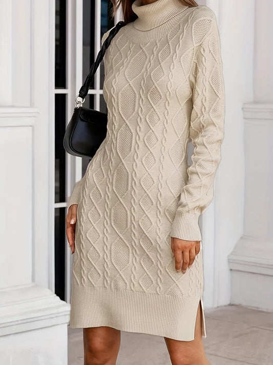 Sweater Dresses- Turtleneck Knit Sweater Dress for Winter Layer