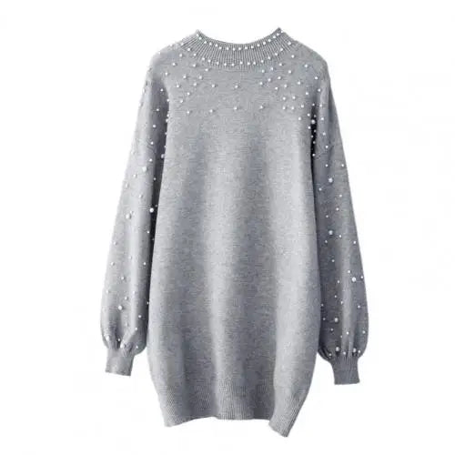 Sweater Dresses- Women Classy Knit Sweater Dress with Pearls for Elegant Style- Light Grey- Pekosa Women Fashion