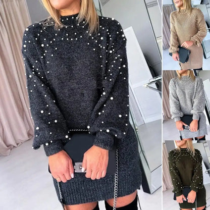 Sweater Dresses- Women Classy Knit Sweater Dress with Pearls for Elegant Style- - Pekosa Women Fashion