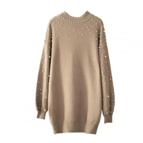 Sweater Dresses- Women Classy Knit Sweater Dress with Pearls for Elegant Style- Camel- Pekosa Women Fashion