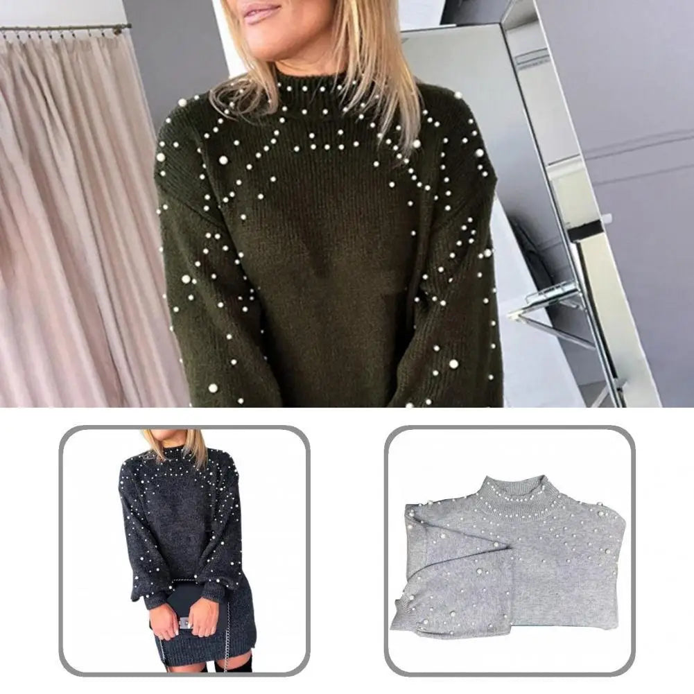 Sweater Dresses- Women Classy Knit Sweater Dress with Pearls for Elegant Style- - Pekosa Women Fashion