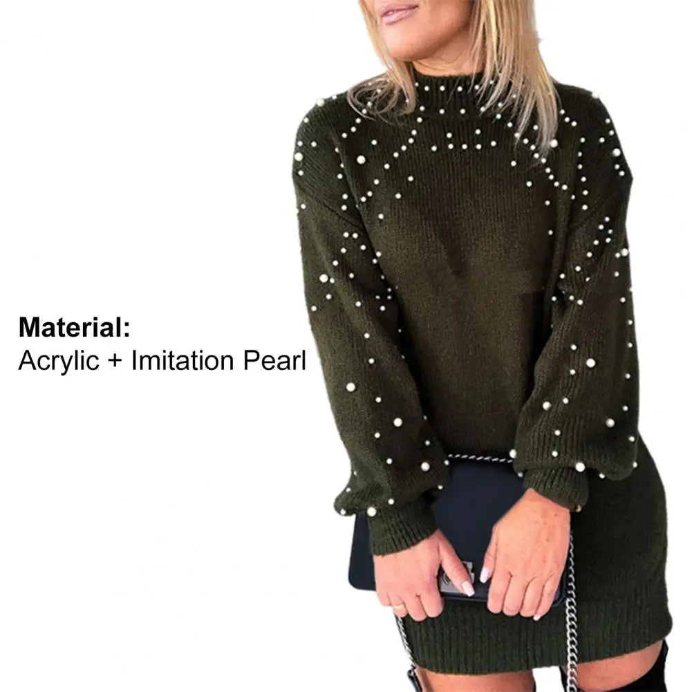 Sweater Dresses- Women Classy Knit Sweater Dress with Pearls for Elegant Style- - Pekosa Women Fashion