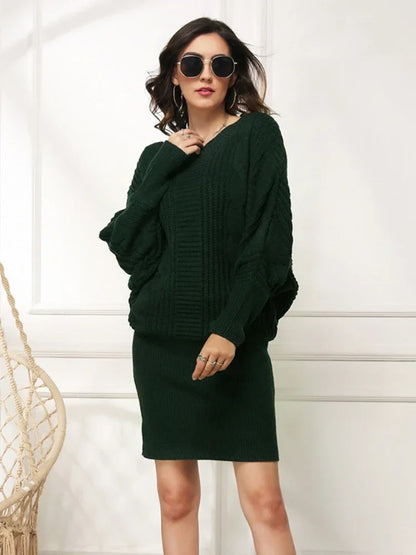 Sweater Dresses- Women Knit Textured Sweater Blouson Dress for Fall & Winter- Dark Green- Pekosa Women Fashion