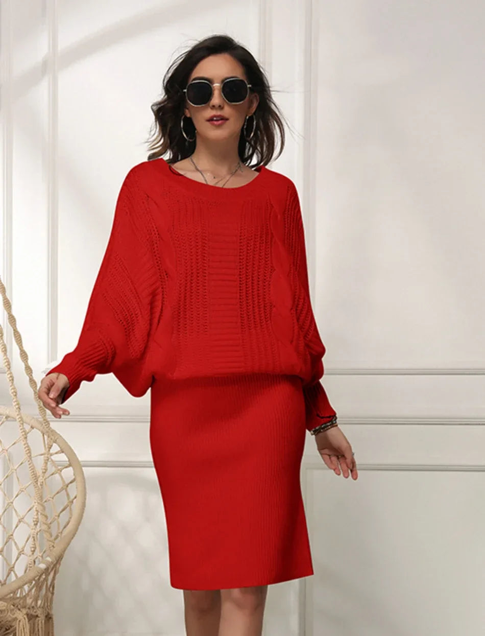 Sweater Dresses- Women Knit Textured Sweater Blouson Dress for Fall & Winter- Red- Pekosa Women Fashion