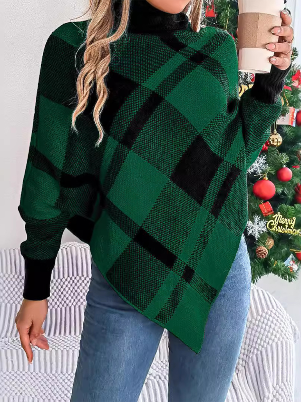 Sweater Ponchos - Fancy Plaid Turtleneck Long Sleeve Poncho Sweater