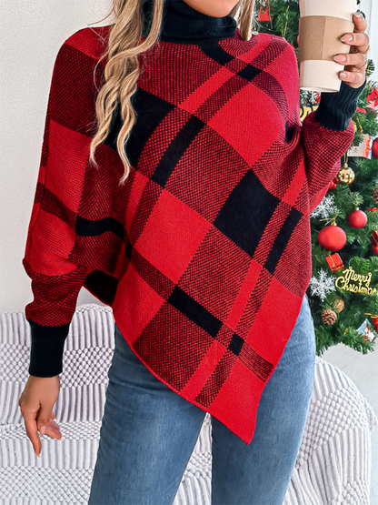 Sweater Ponchos - Fancy Plaid Turtleneck Long Sleeve Poncho Sweater