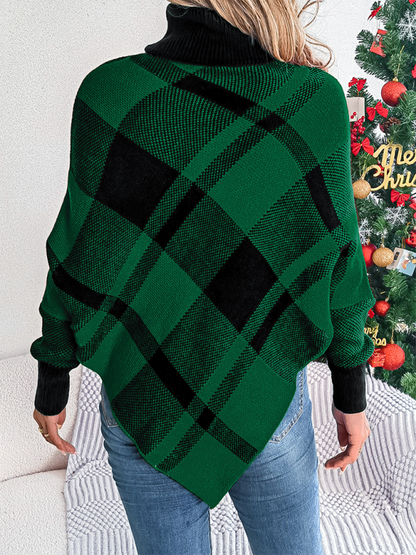 Sweater Ponchos - Fancy Plaid Turtleneck Long Sleeve Poncho Sweater