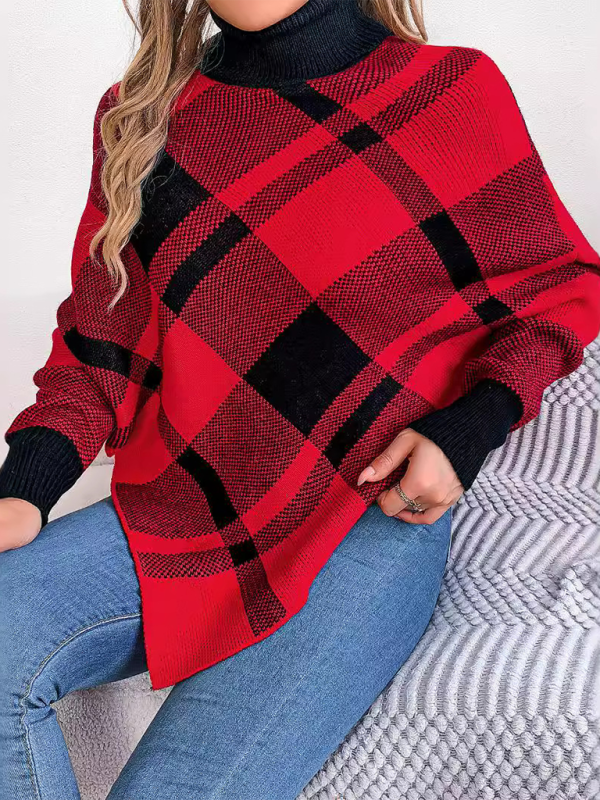 Sweater Ponchos - Fancy Plaid Turtleneck Long Sleeve Poncho Sweater