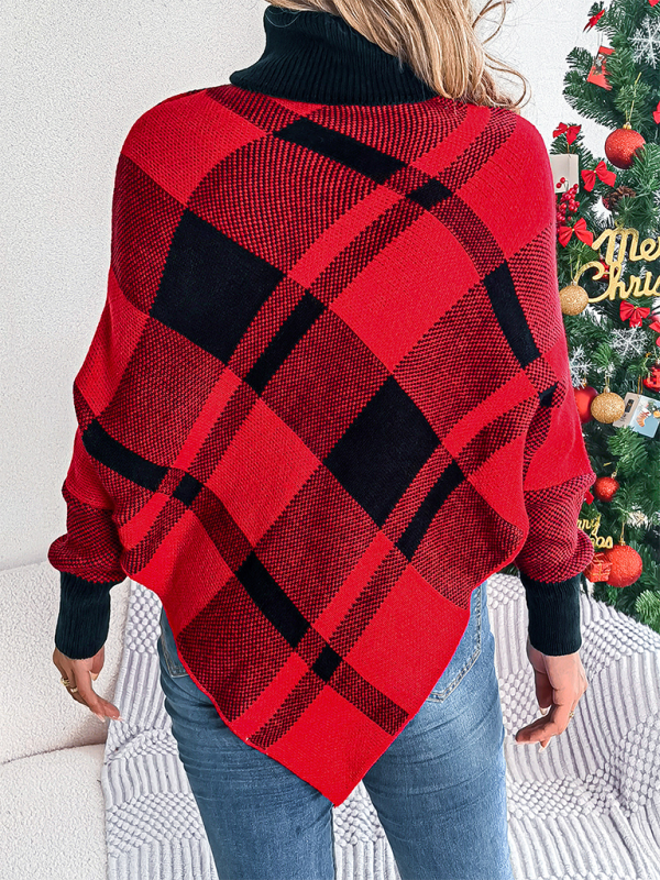 Sweater Ponchos - Fancy Plaid Turtleneck Long Sleeve Poncho Sweater