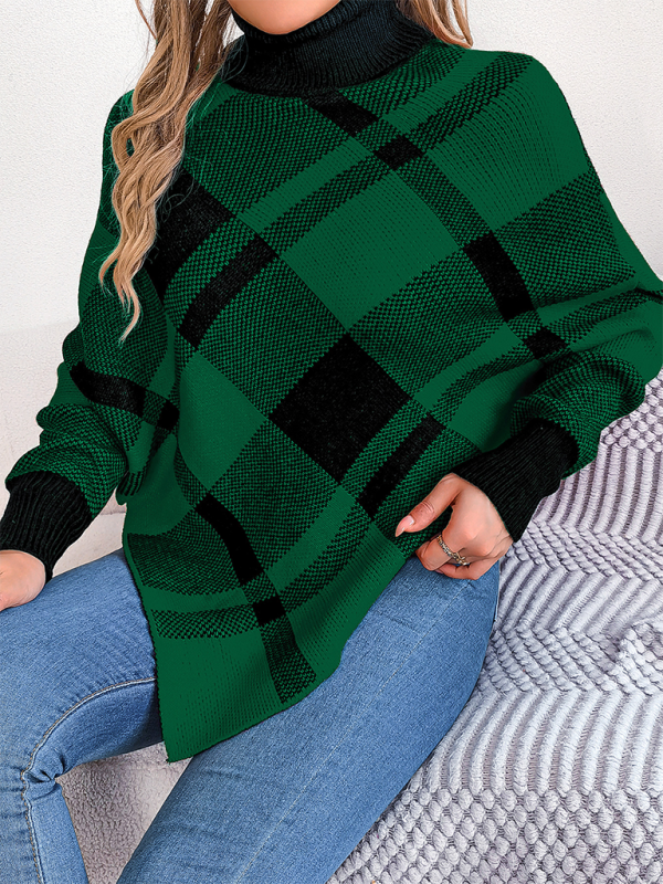 Sweater Ponchos - Fancy Plaid Turtleneck Long Sleeve Poncho Sweater