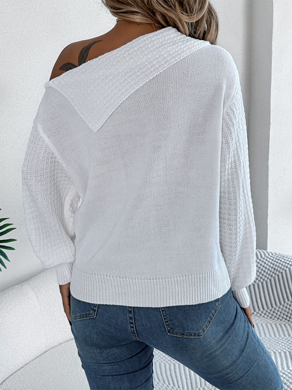 Sweaters - Asymmetric Lapel Off-shoulder Cable Knit Long Sleeve Sweaters