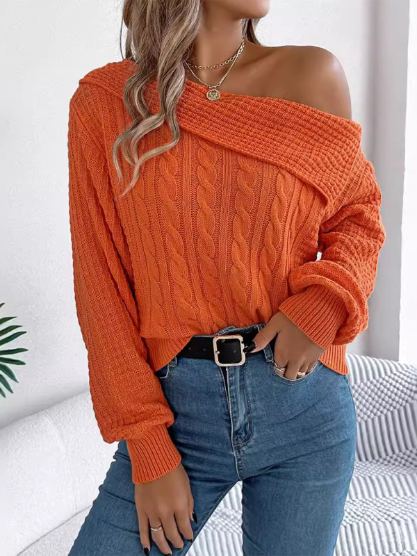 Sweaters - Asymmetric Lapel Off-shoulder Cable Knit Long Sleeve Sweaters