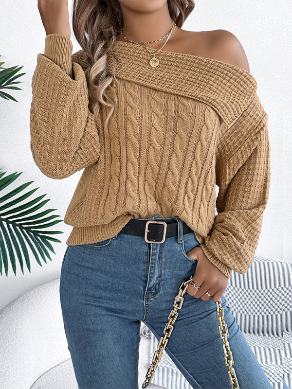 Sweaters - Asymmetric Lapel Off-shoulder Cable Knit Long Sleeve Sweaters