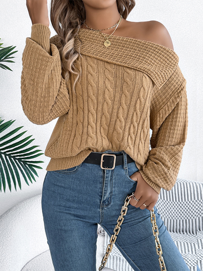 Sweaters - Asymmetric Lapel Off-shoulder Cable Knit Long Sleeve Sweaters