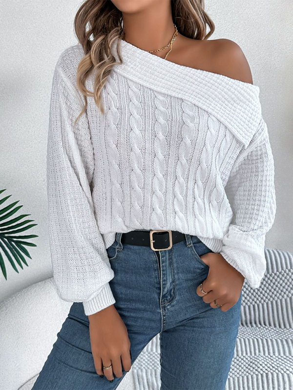 Sweaters - Asymmetric Lapel Off-shoulder Cable Knit Long Sleeve Sweaters