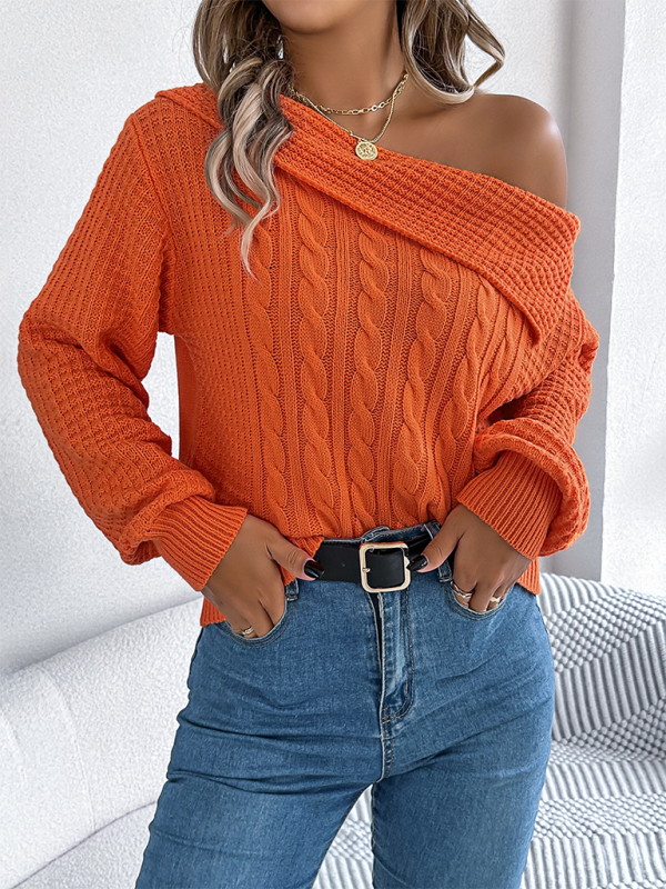 Sweaters - Asymmetric Lapel Off-shoulder Cable Knit Long Sleeve Sweaters