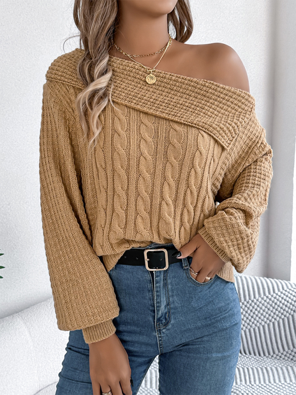 Sweaters - Asymmetric Lapel Off-shoulder Cable Knit Long Sleeve Sweaters