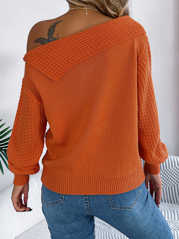 Sweaters - Asymmetric Lapel Off-shoulder Cable Knit Long Sleeve Sweaters