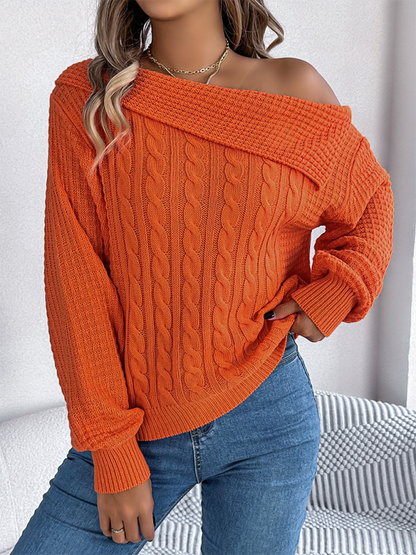 Sweaters - Asymmetric Lapel Off-shoulder Cable Knit Long Sleeve Sweaters