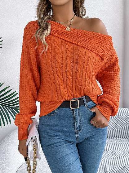 Sweaters - Asymmetric Lapel Off-shoulder Cable Knit Long Sleeve Sweaters