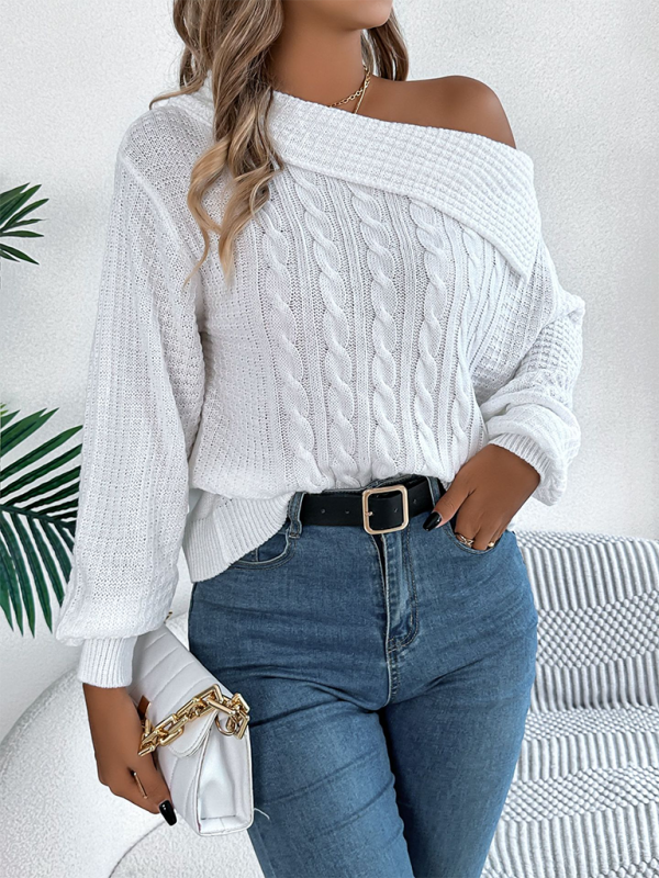 Sweaters - Asymmetric Lapel Off-shoulder Cable Knit Long Sleeve Sweaters