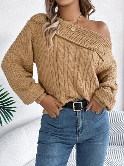 Sweaters - Asymmetric Lapel Off-shoulder Cable Knit Long Sleeve Sweaters