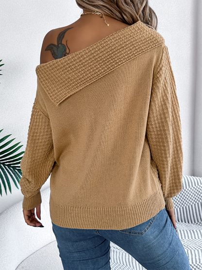 Sweaters - Asymmetric Lapel Off-shoulder Cable Knit Long Sleeve Sweaters