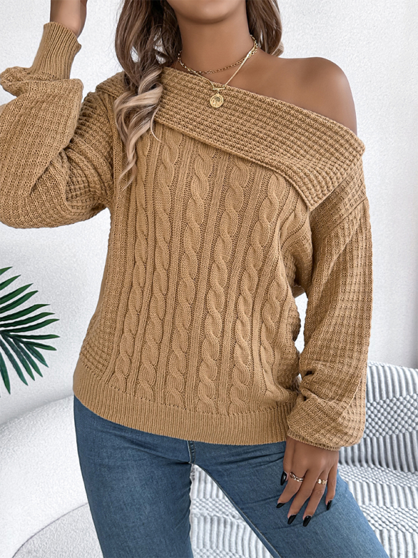 Sweaters - Asymmetric Lapel Off-shoulder Cable Knit Long Sleeve Sweaters