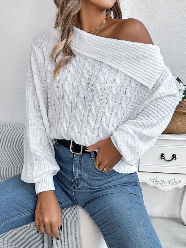 Sweaters - Asymmetric Lapel Off-shoulder Cable Knit Long Sleeve Sweaters