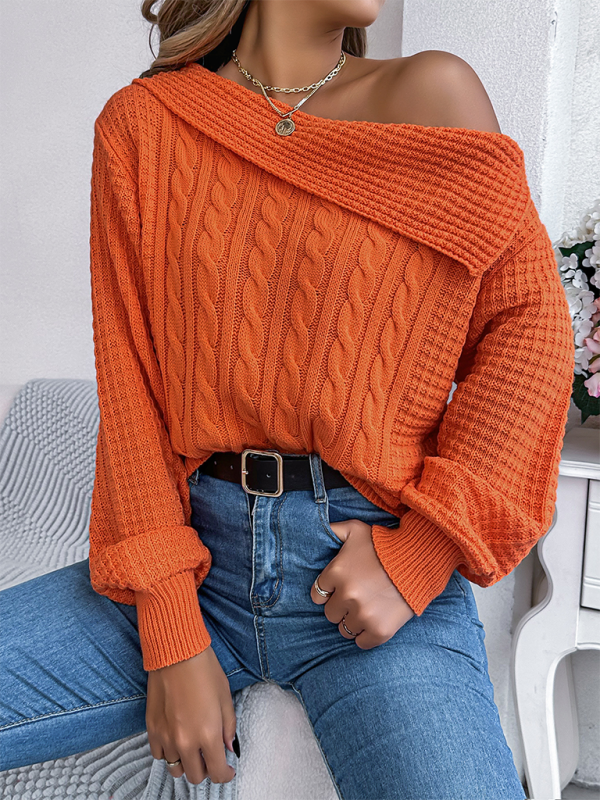 Sweaters - Asymmetric Lapel Off-shoulder Cable Knit Long Sleeve Sweaters