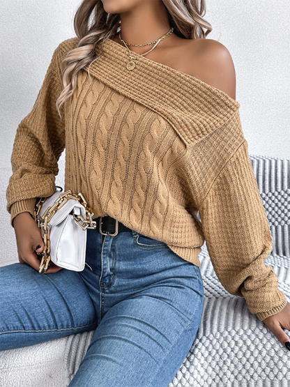 Sweaters - Asymmetric Lapel Off-shoulder Cable Knit Long Sleeve Sweaters