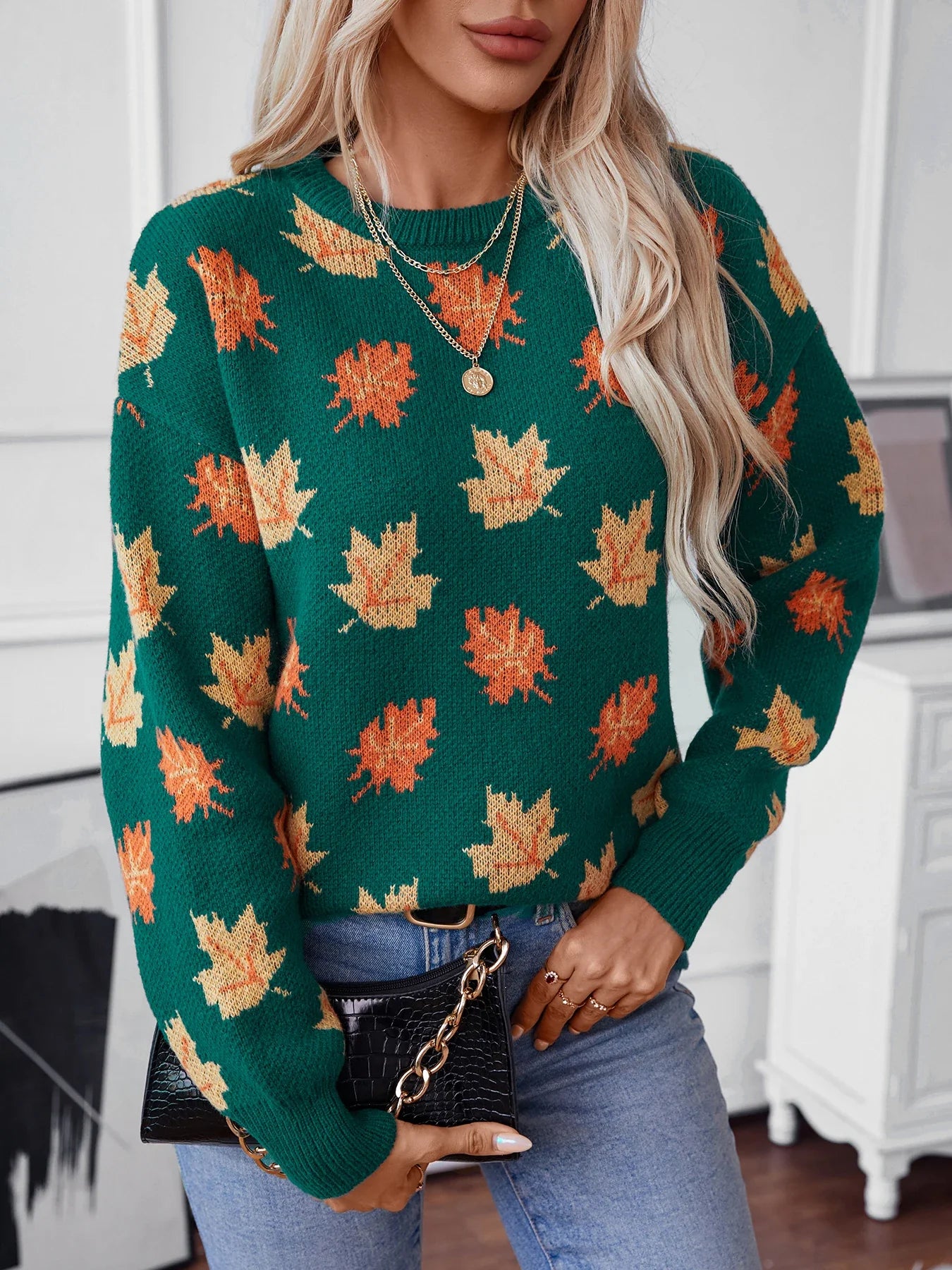 Sweaters- Autumn Maple Leaf Sweater Jumper- - Chuzko Women Clothing