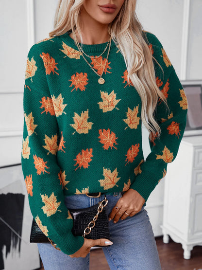 Sweaters- Autumn Maple Leaf Sweater Jumper- - Chuzko Women Clothing